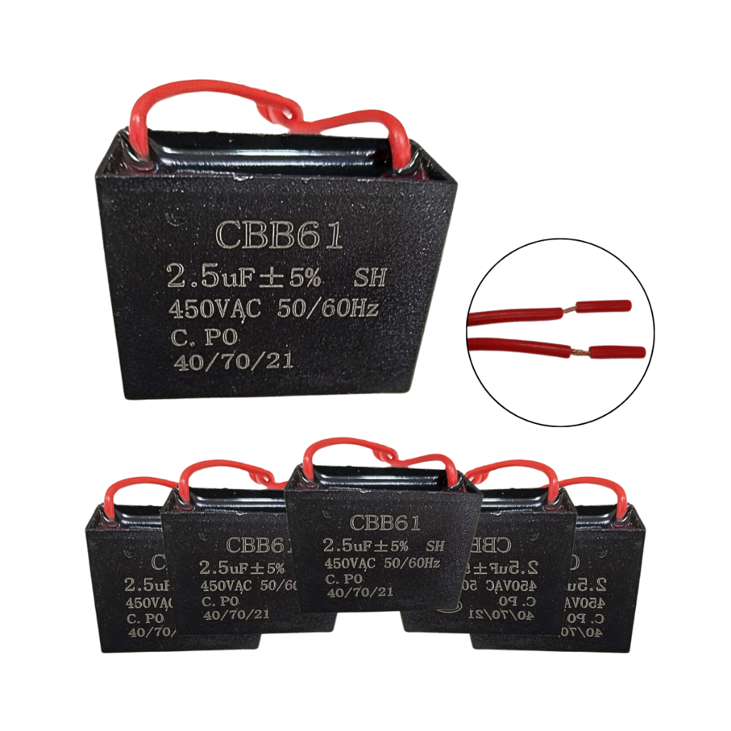 Kit 5 Capacitor CBB61 Ventilador Partida Vários Modelos 250V 450V 1.2UF 2UF 3UF 4UF 50/60Hz 40/70/21