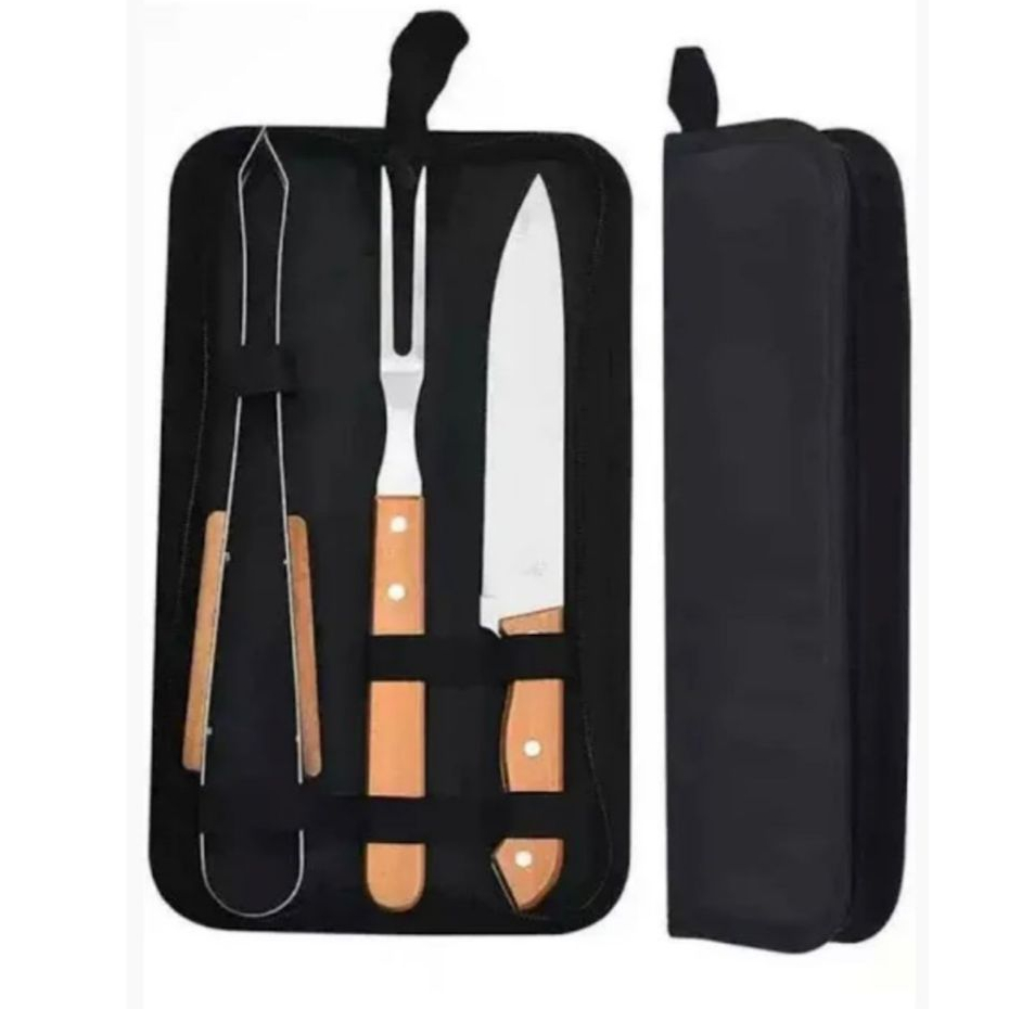 Conjunto De Churrasco 3 Peças Cabo Longo Lâminas Aço Inox Utensílios p/Grelha Churrasqueira Cozinha