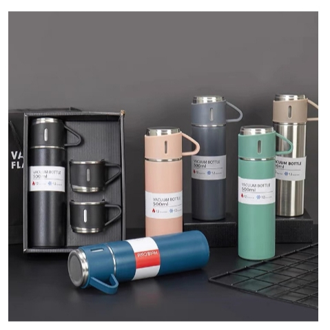 caneca Kit Garrafa Térmica Vacuum Bottle Inox 500ml + 3 Xícaras Bebidas Fria ou Quente