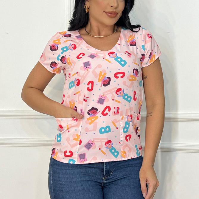 Blusa Bata Scrubs Feminina Baby Look Pijama Cirúrgico Educação Infantil