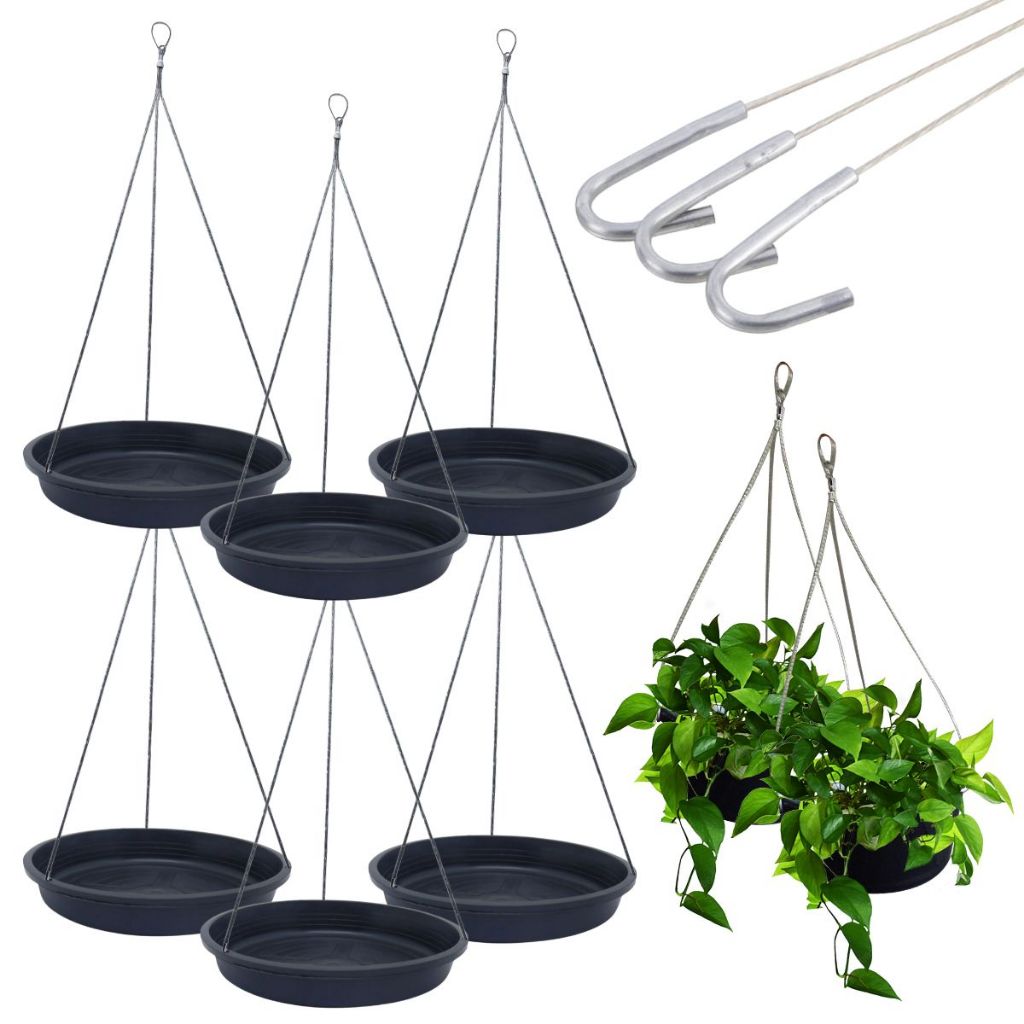 6 Suporte P/ Pendurar Vaso E Planta Suspenso Parede e Teto - Prato De Plástico 17 cm + Cabo de Aço de Pendurar Vaso 40cm