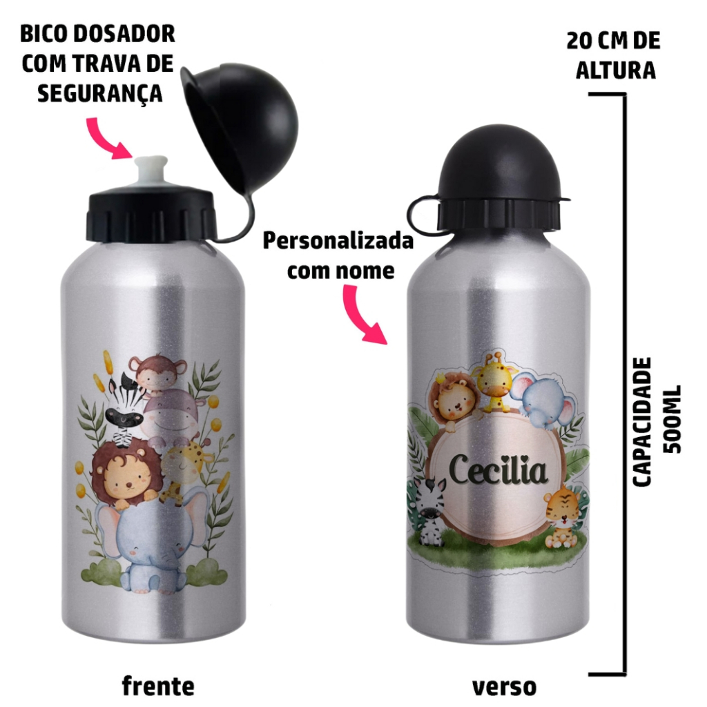 Garrafa Squeeze Infantil de alumínio  com 500ml  - Personalizada com nome - Safari