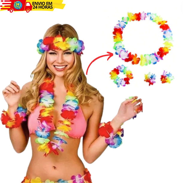 Kit 3 Peças Colar Havaiano Pulseira ou Tornozeleira Havaiana para Carnaval Fim de Ano e Reveillon em Oferta na Shopee