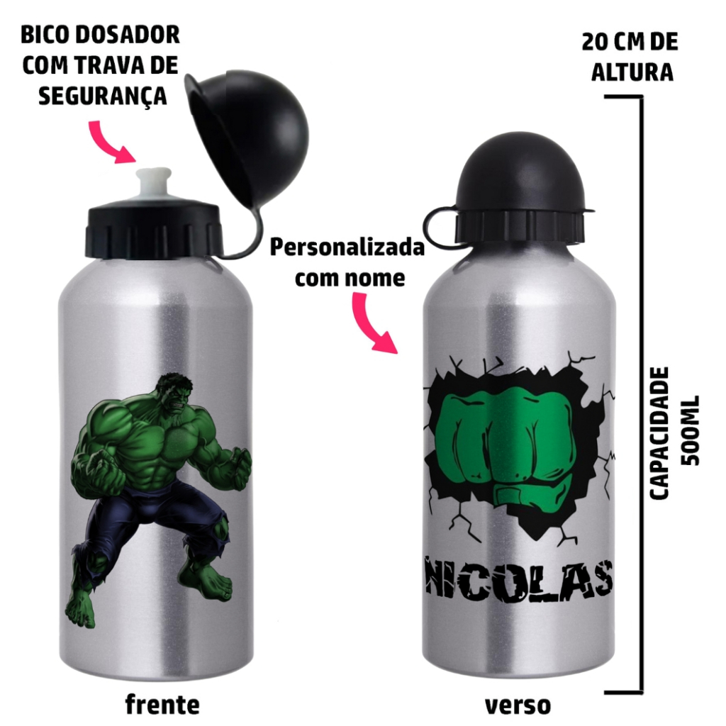 Garrafa Squeeze de alumínio  Hulk  - Personalizada com nome em Oferta na Shopee