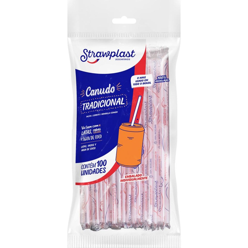 Canudo Plástico Tradicional Pacote com 100 Unidades (Kit 2 e 3 Pacotes) - Strawplast