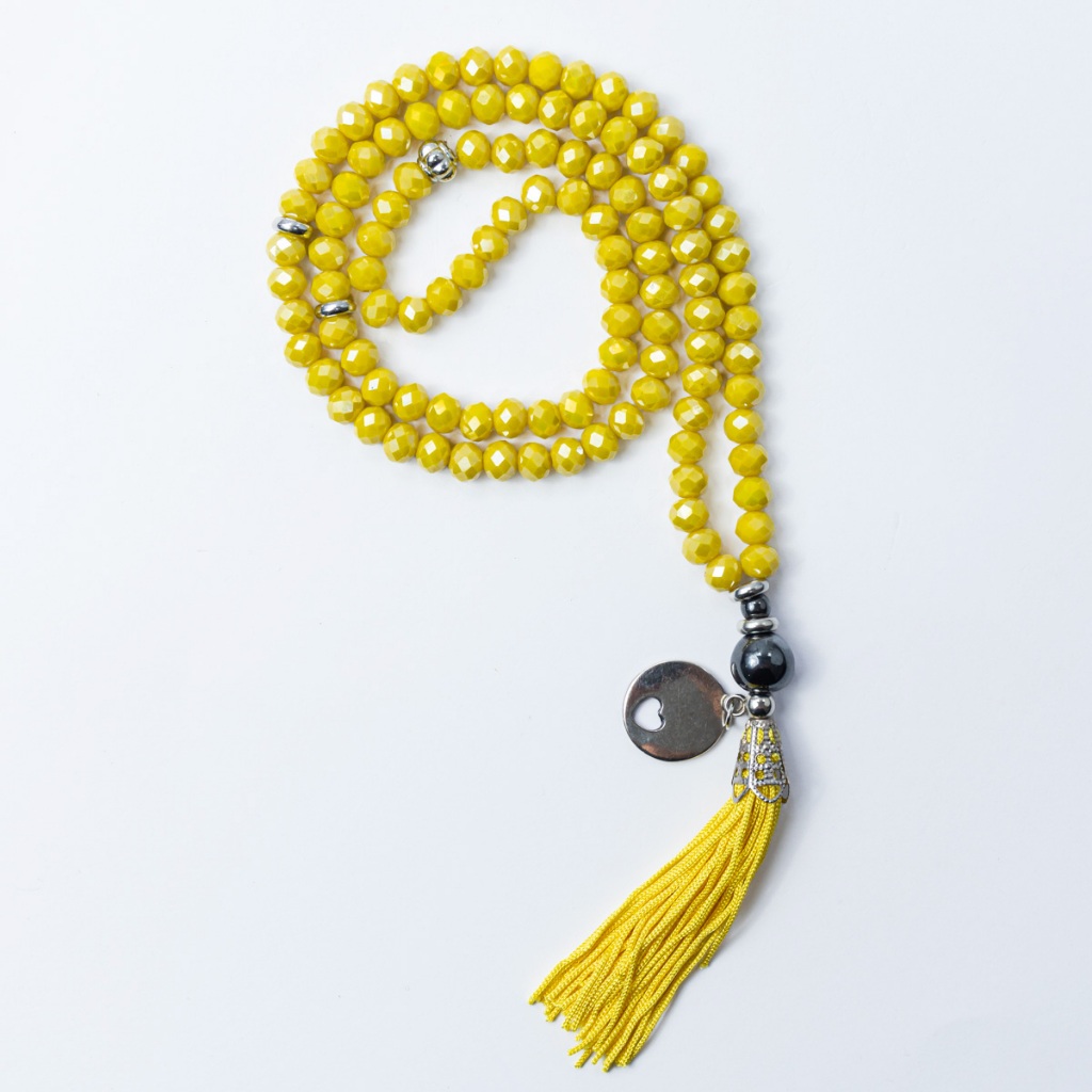 Japamala Cristal De Vidro Amarelo C/ Hematita 108 Contas 8mm