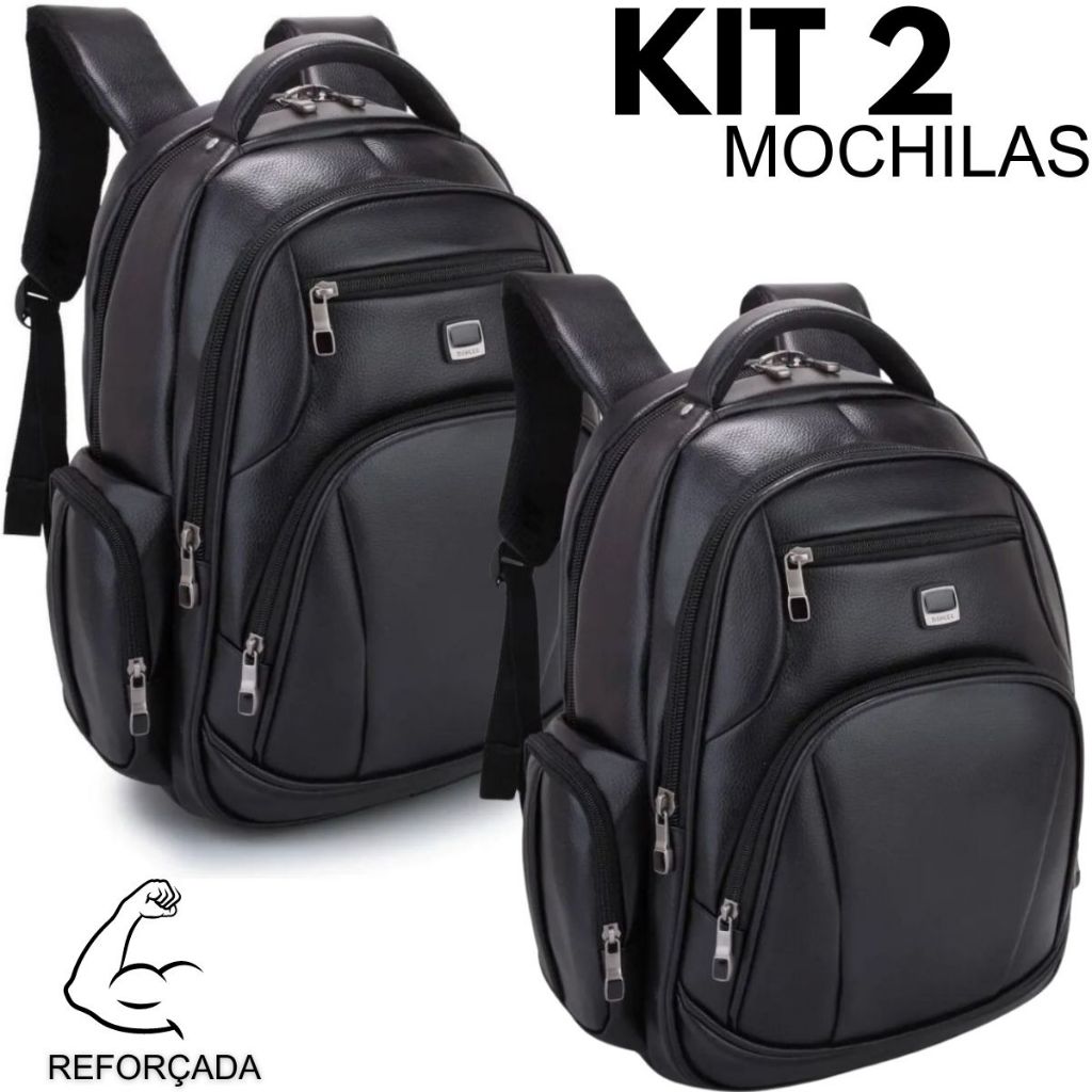 Kit 02 Mochilas Couro Escolar Reforçada Impermeável