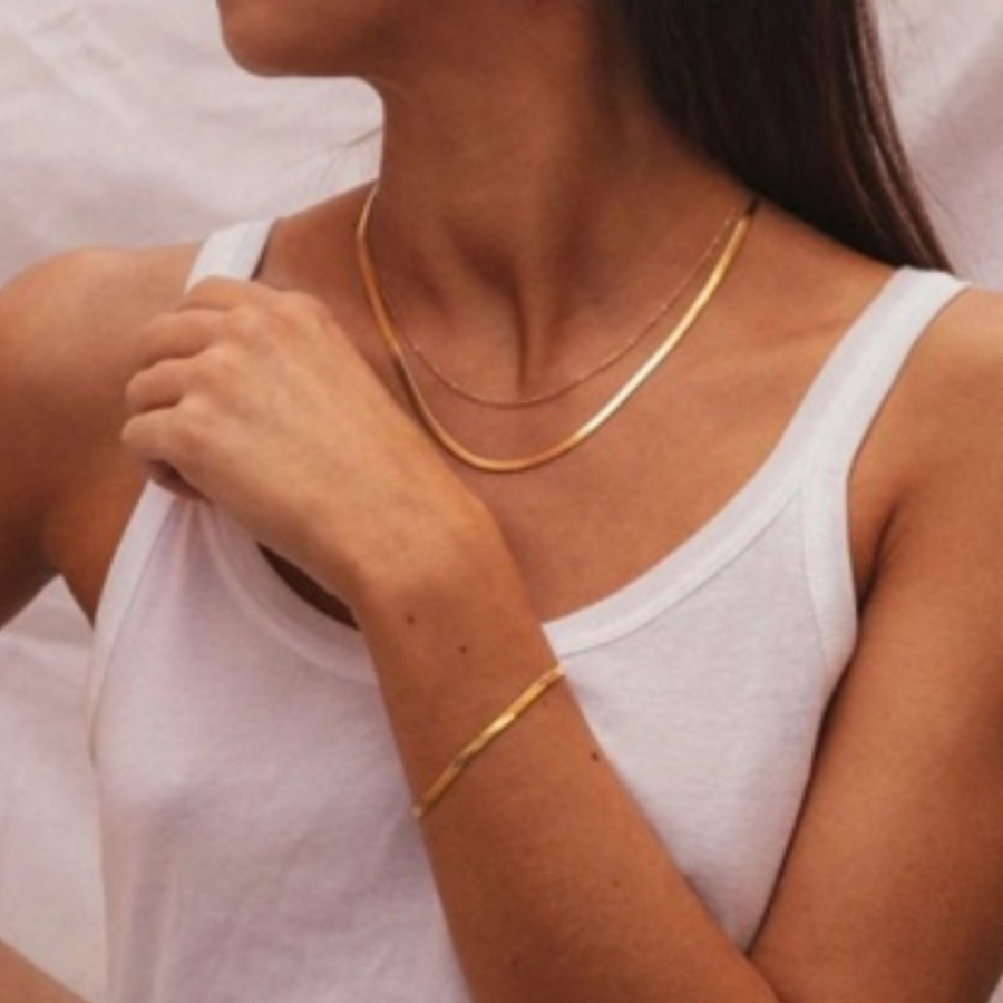 Conjunto Colar Feminino Fita Laminada e Pulseira Liso Folheada a Ouro 18k ou Prata 925 Kit Choker