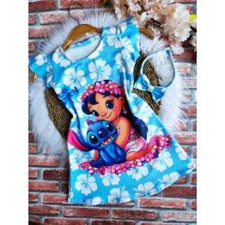 Vestido Menina Infantil Luna Temático Lilo & Stitch Azul +Tiara