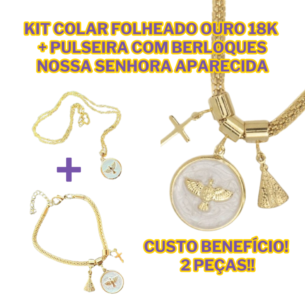 Kit Colar Folheado Ouro 18k  Feminino + Pulseira Berloque Folheada Ouro 18k Nossa Senhora Aparecida
