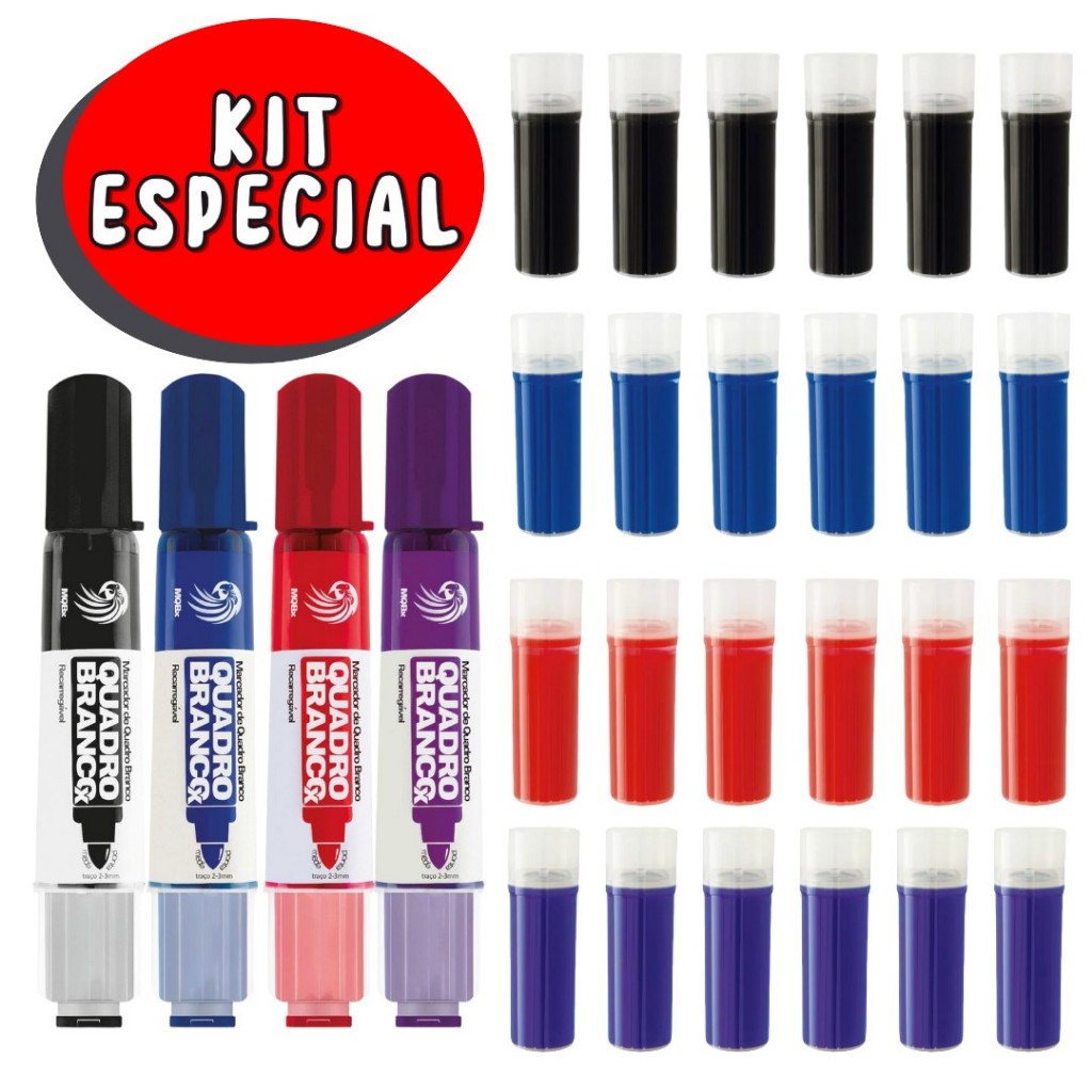 Kit especial para quadro branco 4 pincéis + 24 recargas - NÃO MANCHA O QUADRO