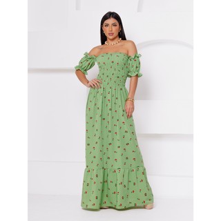 Vestido Longo Manga bufante Ciganinha Estampado Cereja