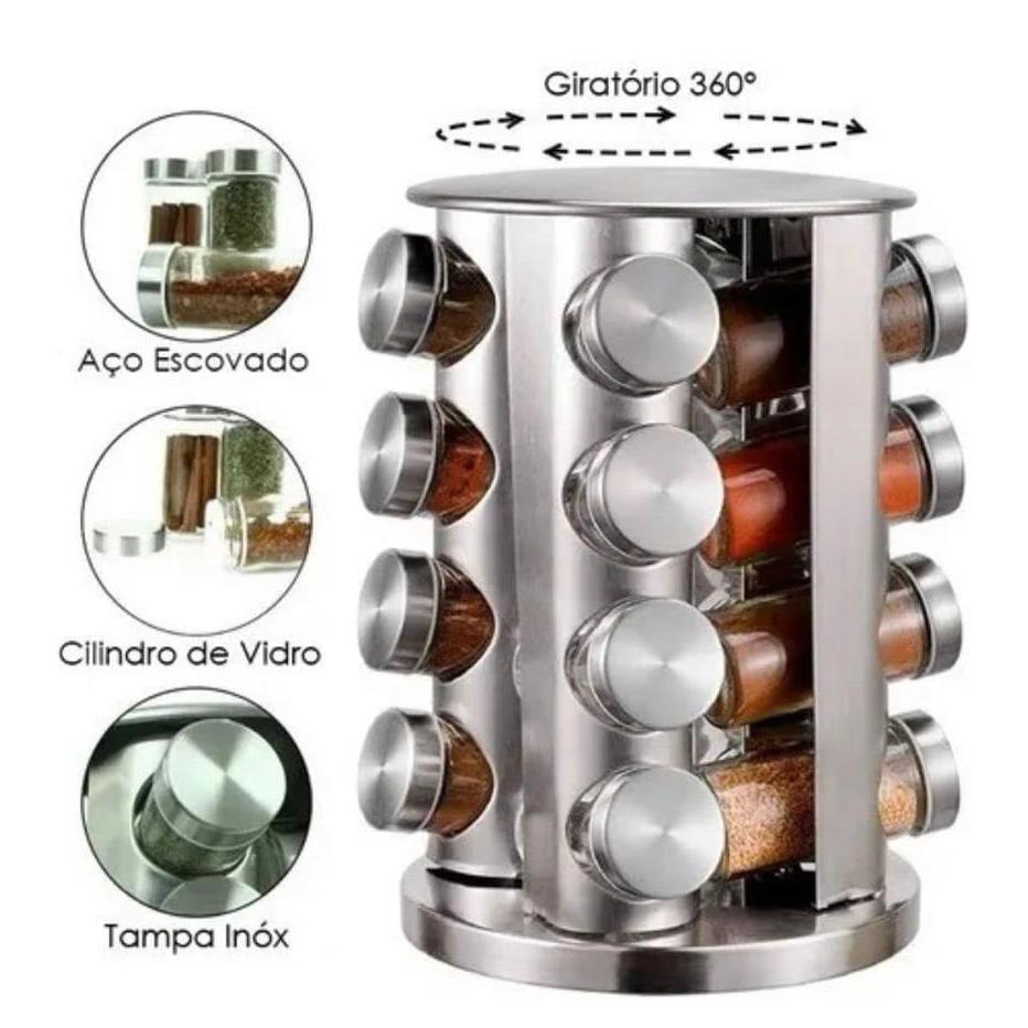 Porta Tempero 16 Potes QD Condimento Inox Suporte Giratório Decoração