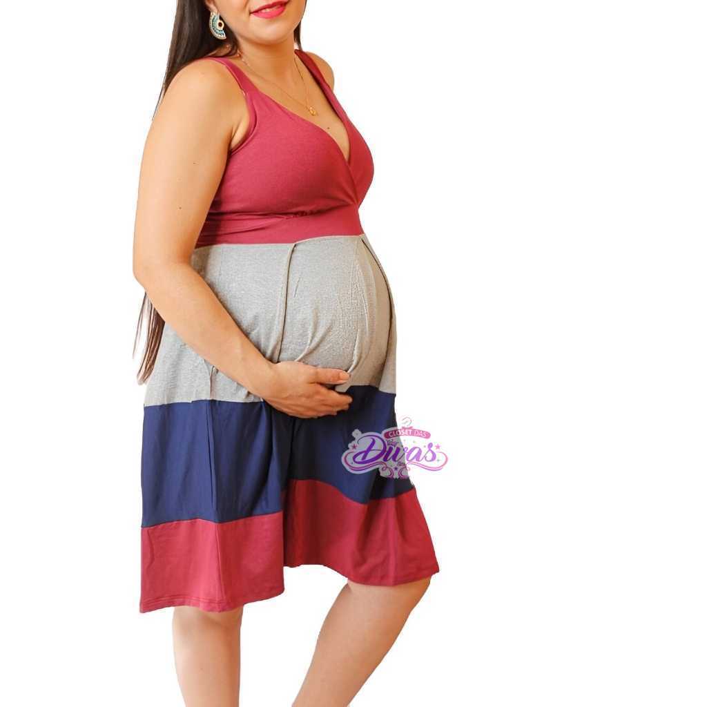 Vestido Gestante Tricolor Amamentação Alça
