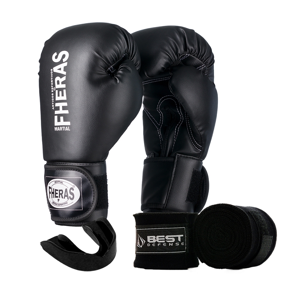 Kit Boxe e Muay Thai Luva Fheras, Protetor Bucal e Bandagem 3m