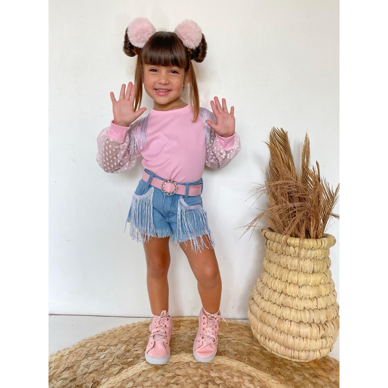 Conjunto Infantil Roupa Boiadeira Menina Ana Castela Short+Blusinha Com ou Sem Chapeu