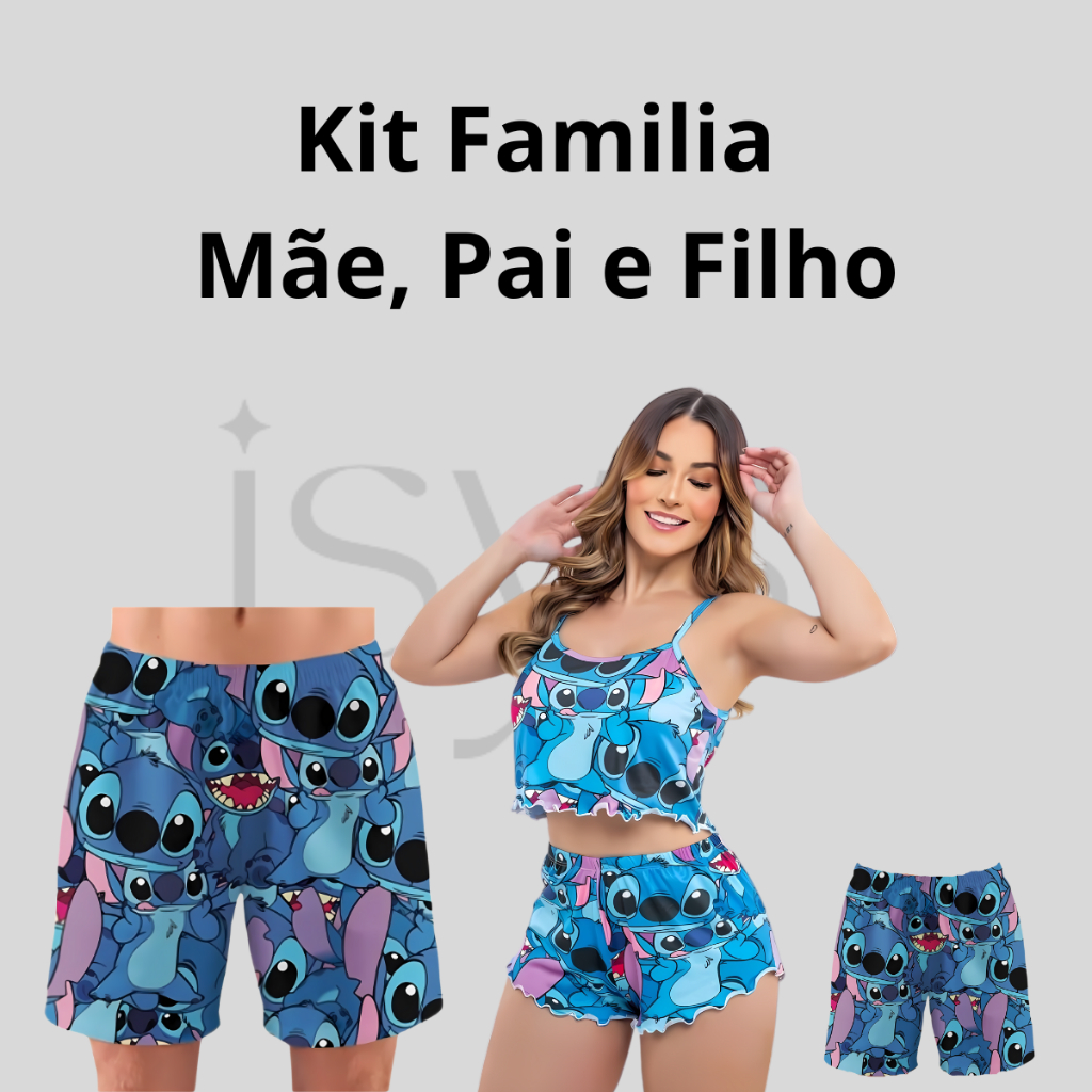 Kit Pijama Pai Mãe e Filho Samba Canção Adulto e Infantil e Baby Doll Feminino