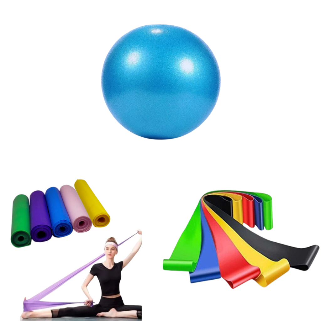 Bola 25 cm Suíça Pilates Pequena + Faixa Elástica + Kit Mini Band Fisioterapia Overball Thera Yoga