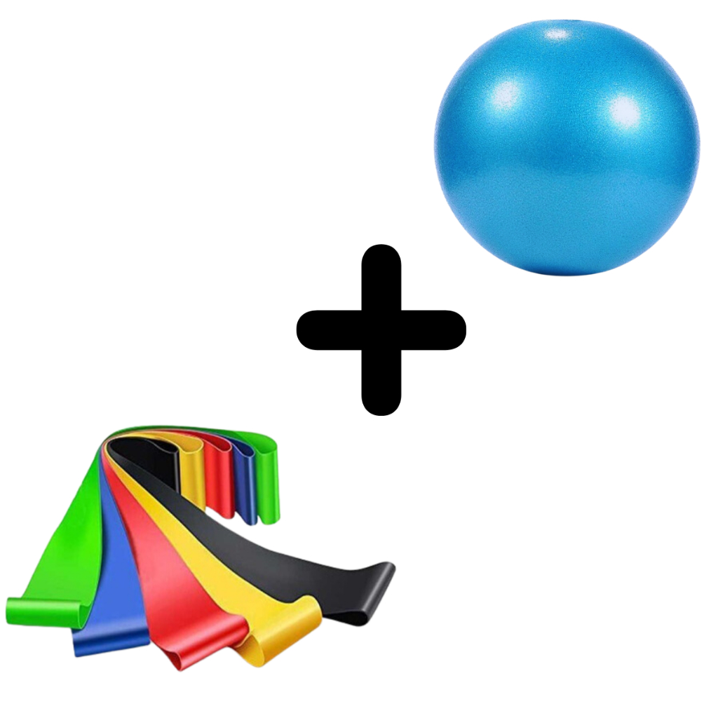 Bola Pilates 25cm + Kit 5 Faixas Elásticas Miniband + Gestante Idoso Cross Personal Fortalecimento