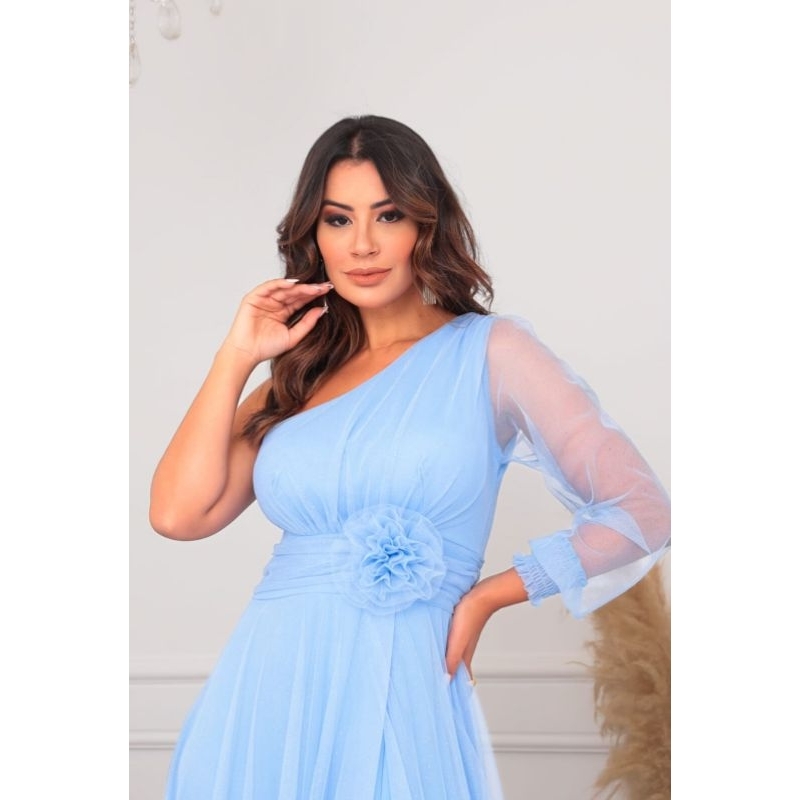 Vestido Tamires flor todo em Tule brilhoso um ombro só, bem fluido não marca a barriga para Madrinhas de casamento