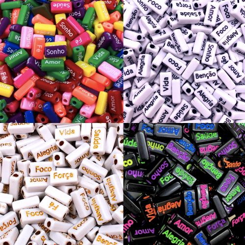 100 Unidades Plaquinha Palavra Português Entremeio Retangular Palavras  8X15mm - Em ABS Pulseira