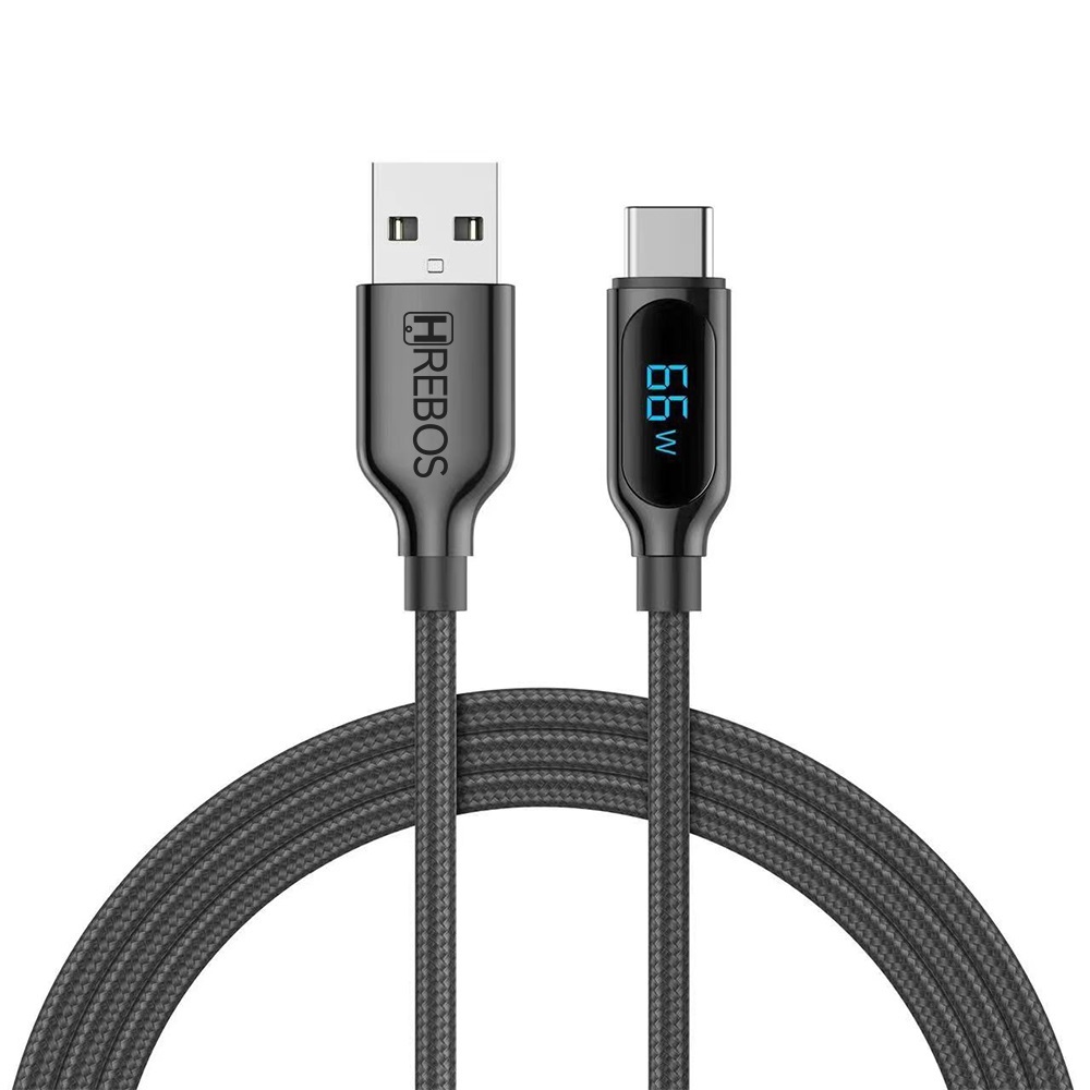 Cabo Turbo para smartphone Tipo-c X USB de 66W 3.1A em tecido trançado com visor led Hrebos Premium
