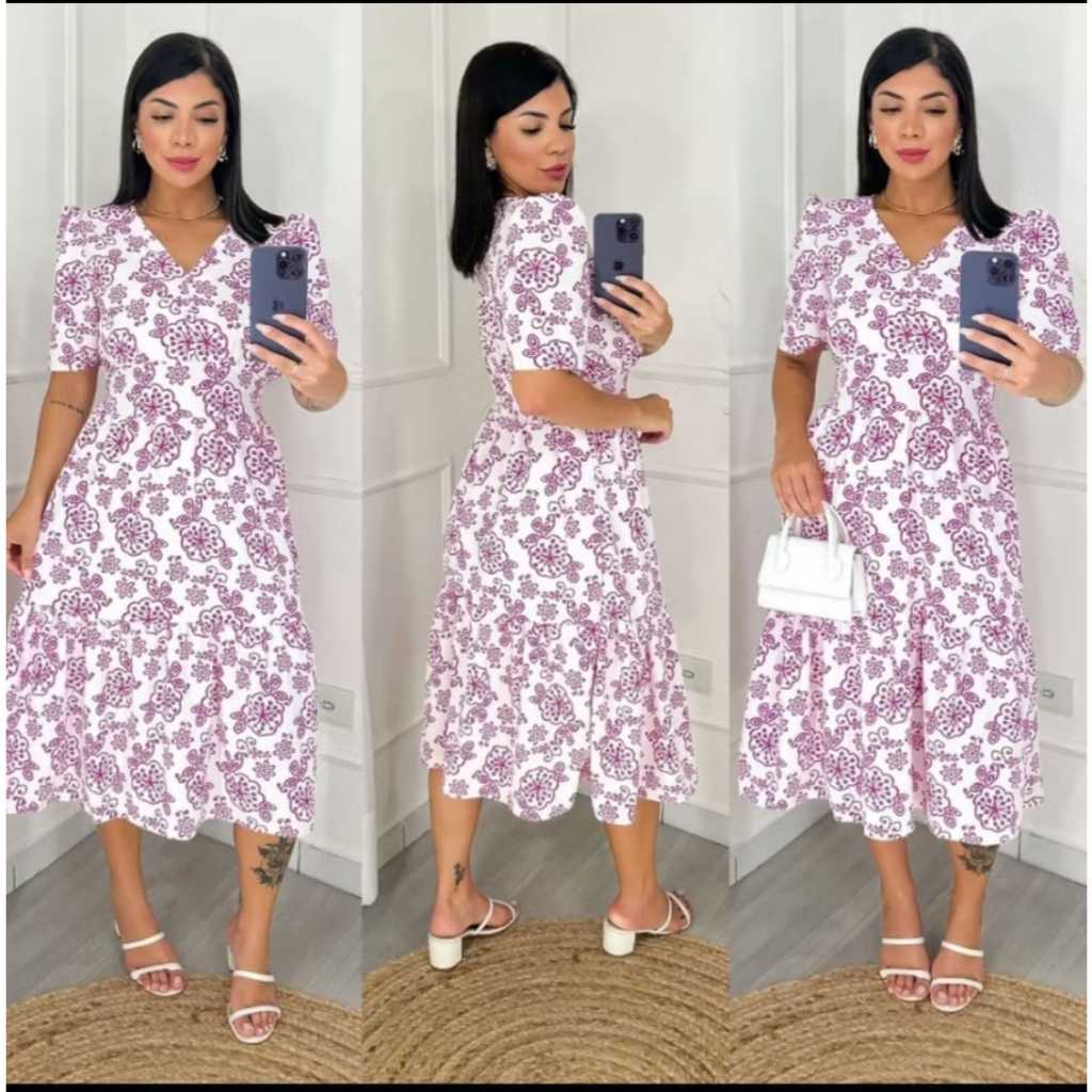 Vestido Midi Feminino  Estampado Com Elastex Atras Nas Costas