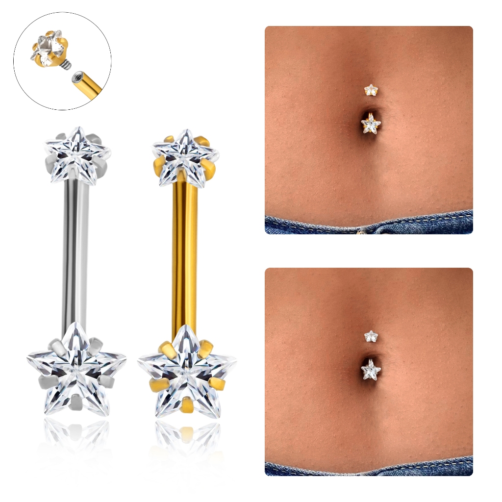 Piercing Umbigo Aço Cirúrgico Banana 2 Pedras Zircônia Cravejada Estrela em Oferta na Shopee