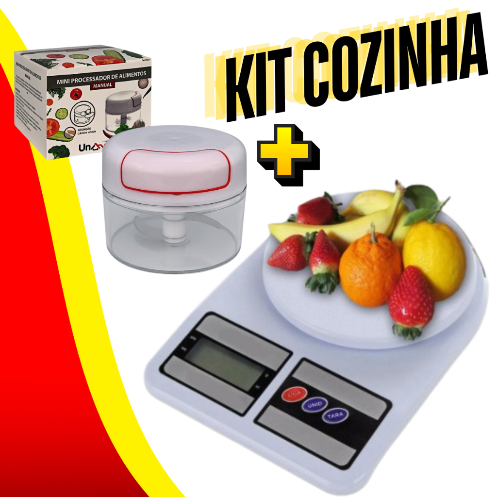 Kit Cozinha Com Balança Digital 10kg + Mini Multiprocessador Triturador Manual 2 Lâminas I...