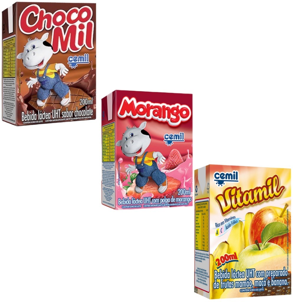 Kit c/ 12 Bebida Láctea Cemil 200ml - sabores Chocolate, Morango e Vitamil