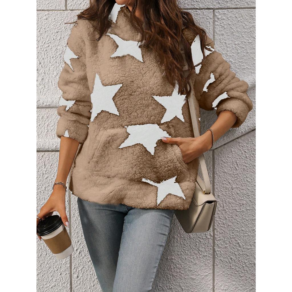 Blusa de frio teddy lã importada estampa estrela manga longa com capuz e bolso A406