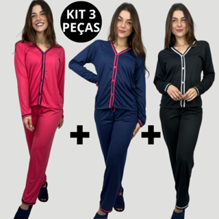 Kit 3 Peças Pijama Longo Inverno Blogueira Malha Botão Amamentação Cirurgico em Oferta na Shopee