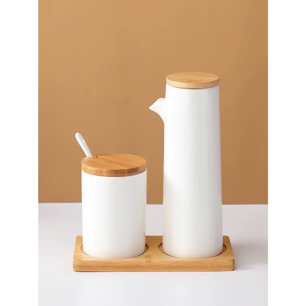 Kit Com 3 Peças Porta Mantemento em Cerâmica  com bandeja com colher de bambu