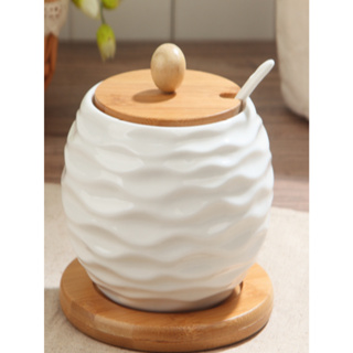 Saleiro de Mesa de Cerâmica com Tampa de Madeira com base de bambu 500 g colher de bambu em Oferta na Shopee