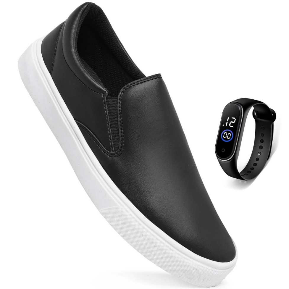 Kit Tênis Sapatênis Casual Slip On Iate Calce Facil Sem Cadarço Leve Confortável + Relógio Digital A Prova D' Água