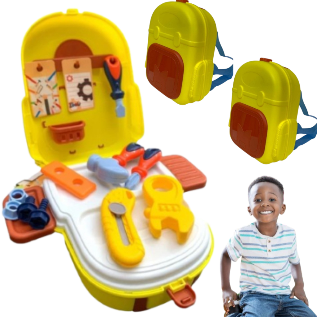 KIT 2 MALETAS DE FERRRAMENTAS VIRA MOCHILA NA MALINHA Infantil MALA MESA OFICINA COMPLETA NA 21 PÇS