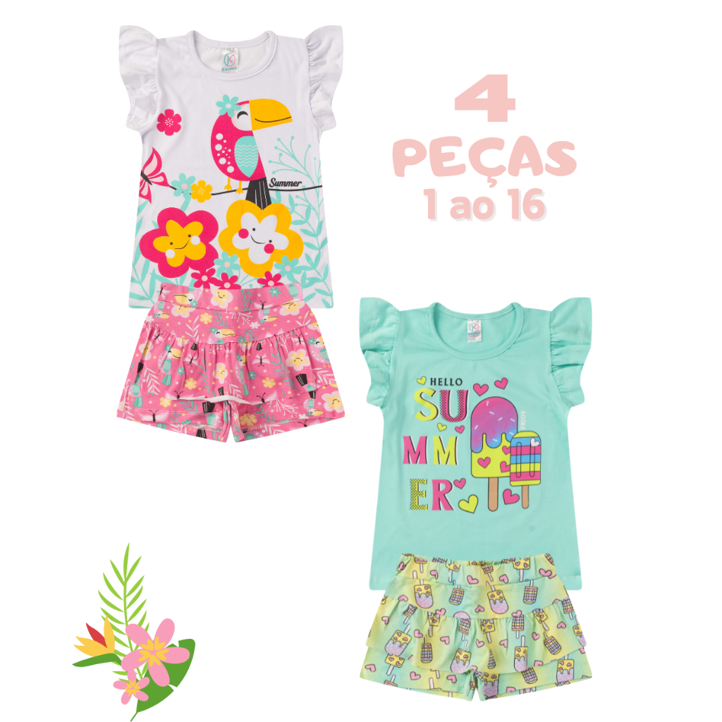 4 peças Conjunto Infantil Menina Juvenil BLUSA BABADO E SHORTS SAIA em Cotom VERÃO SORTIDOS