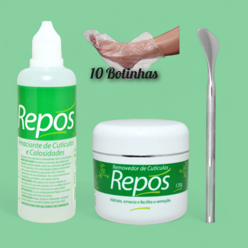 SPA Dos Pés: Amaciante de Cutículas 120ml + Creme Removedor Repos + Espátula 222 + 10 Botinhas Descartáveis