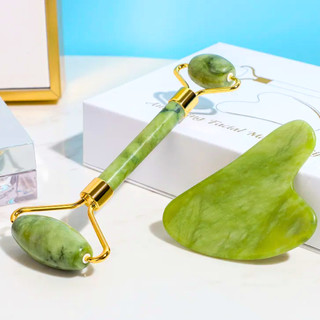 Rolinho de Pedra de Jade e Placa Gua Sha para Massagem Facial Anti Ruga