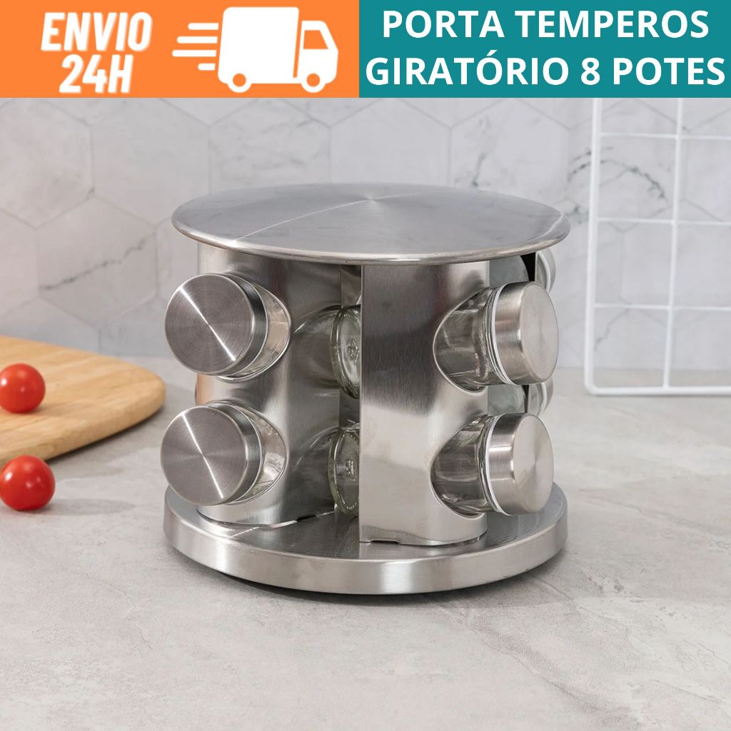 Porta Temperos Giratório 8 Potes com Suporte Giratorio em Inox Ideal para Sua Cozinha