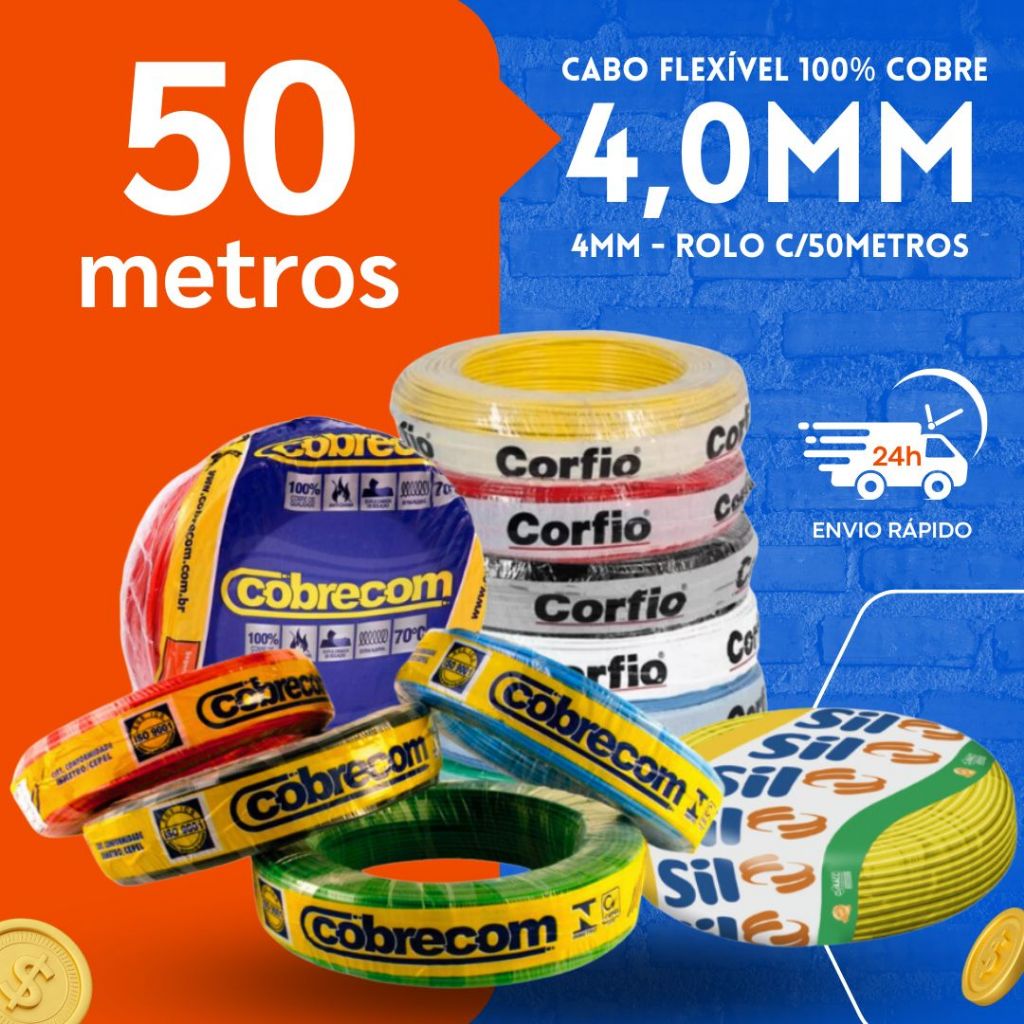 50 metros Fio Cabo Flexível 4mm Corfio Megatron Original 100% cobre puro 1ª Linha - Cabo 4,0mm c/50m