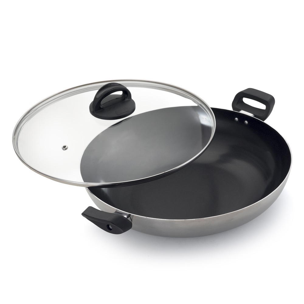 Panela Wok Paella 28 centímetros Antiaderente 3,3l Teflon com Tampa de Vidro