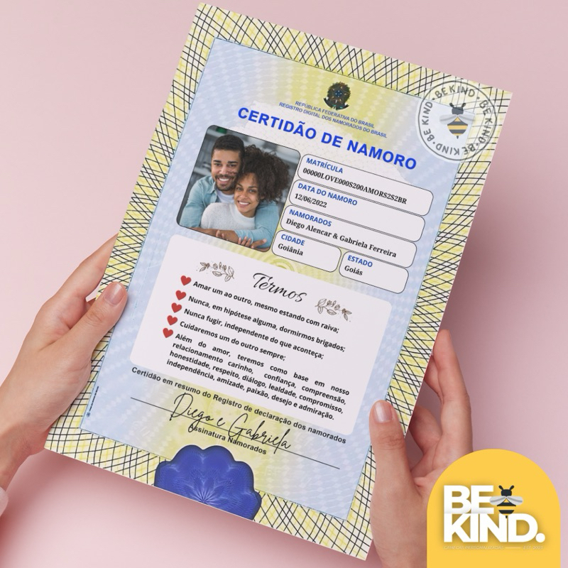 Certidão de Namoro Personalizada Com Foto e Dados do Casal (2 vias) | be kind.