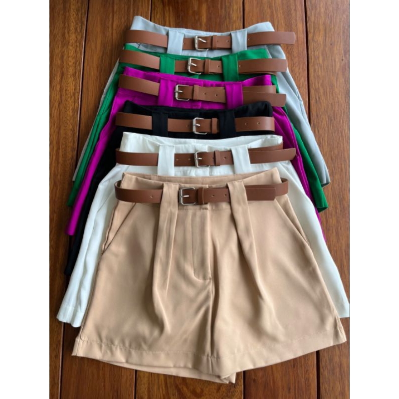 short femenino bermuda tecido alfaiataria social con cinto e bolsos na moda