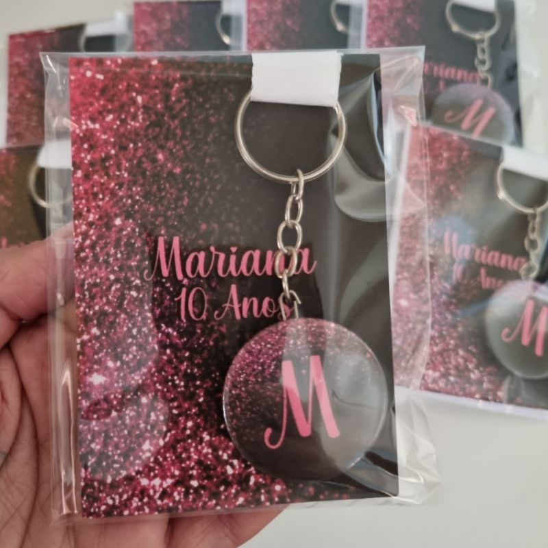 kit Lembrancinha Aniversário Luxo Preto com Glitter Pink Menina Bloquinhos + Chaveiros Personalizados
