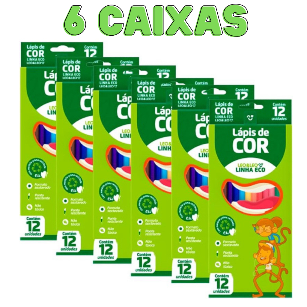 Lápis De Cor 12 Cores Pacote C/ 6 Caixas Lápis De Cor Leo e Leo -Leonora