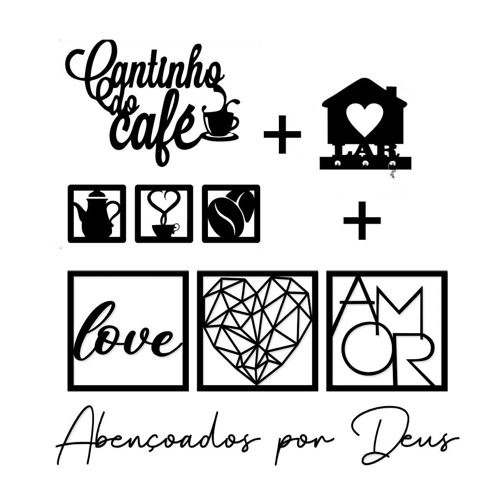 Kit 6 Placas Decorativas + 2 Letreiros Cantinho do Café e Abençoados Por Deus + Porta Chav...