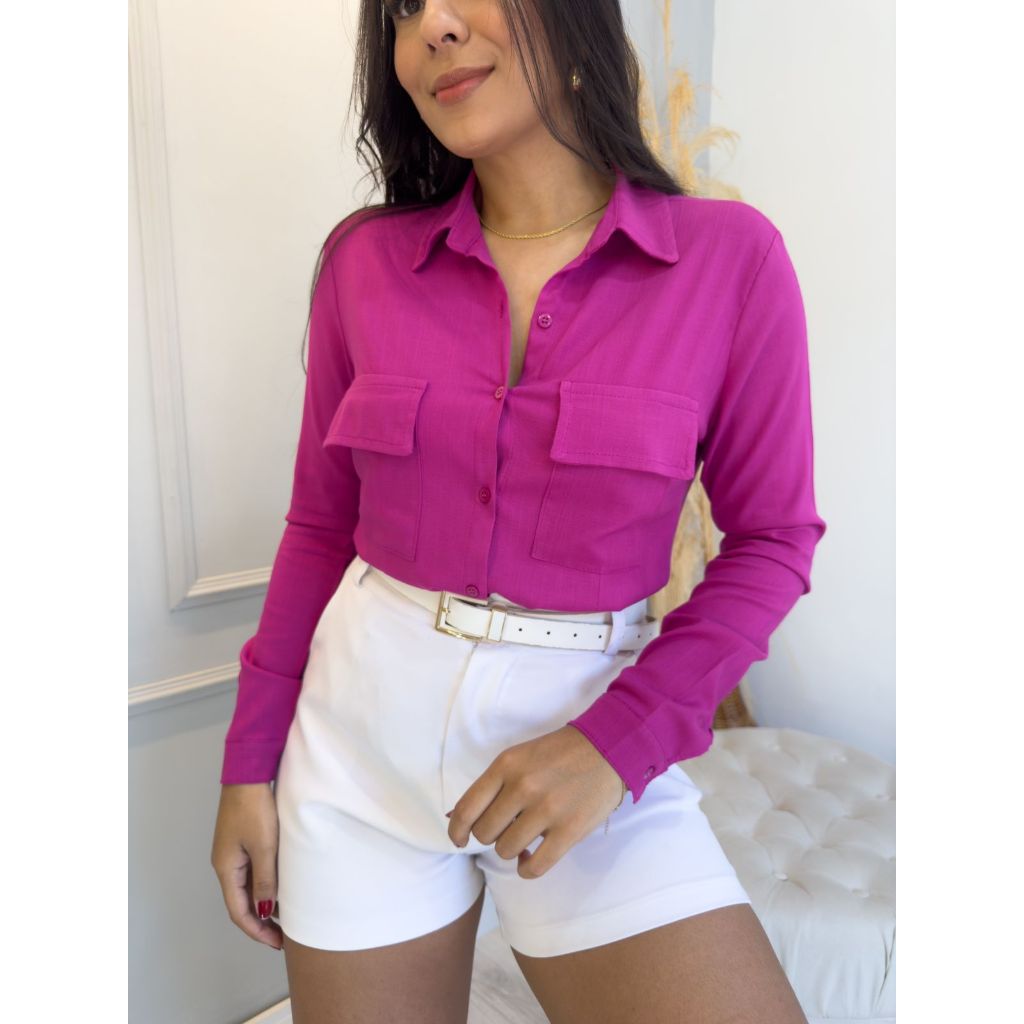 Camisa Feminina Viscolinho Manga Longa Social Casual Elegante com Elastano Confortável Slim