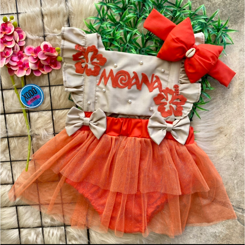 Romper Temático Moana + Faixa de Cabelo em Oferta na Shopee