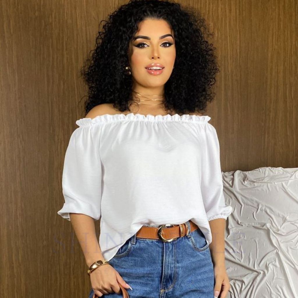 Blusa Cigana Feminina Ombro a Ombro Soltinha Lisa Manga 3/4 Com Elástico Blusinha Ciganinha Duna